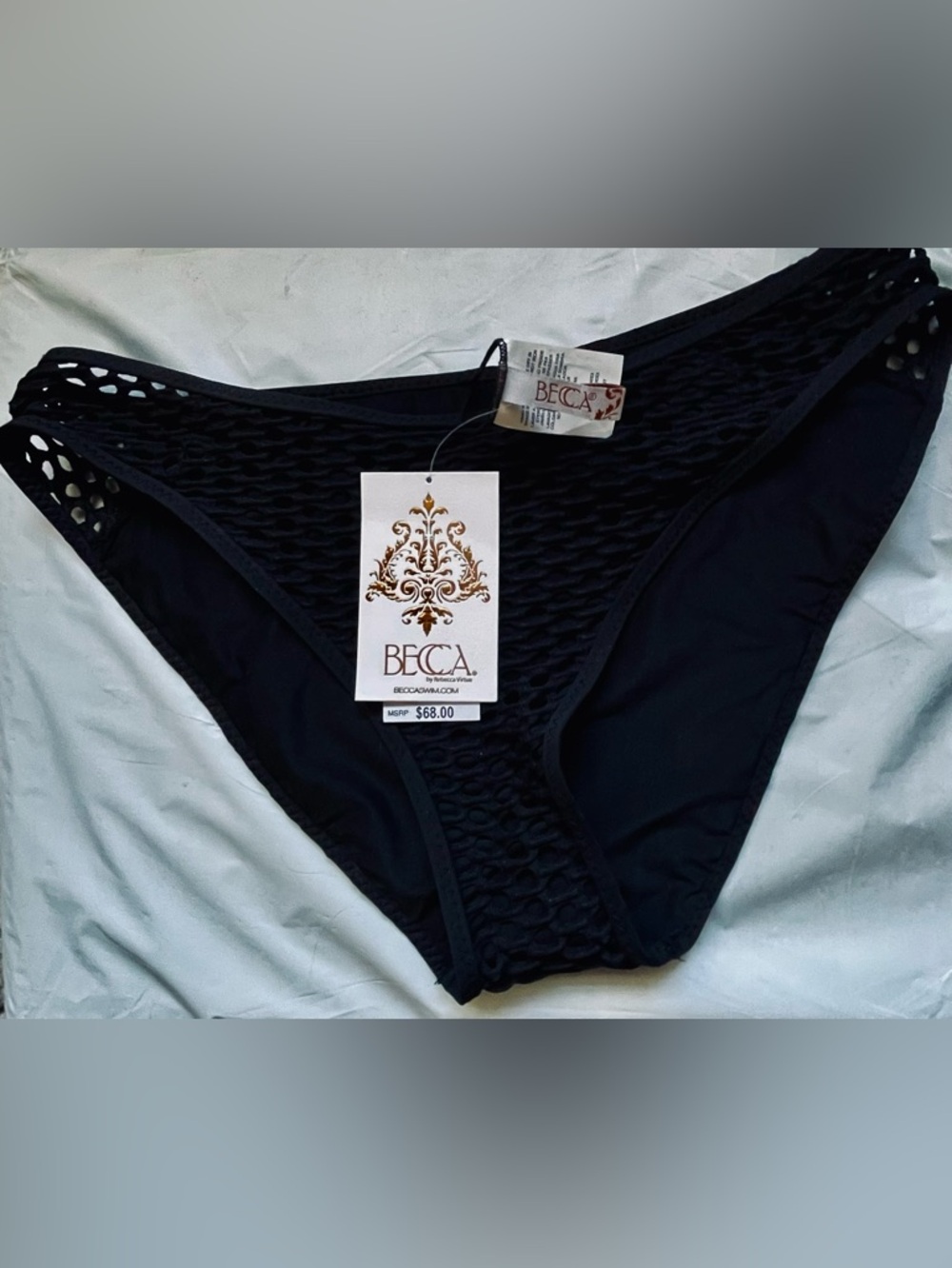 “BECCA” Black Textured High-Cut Bikini Bottoms. Size: L NWT